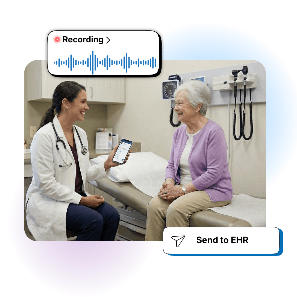 A clinician with a patient while Skriber records the visit and sends the note to the EHR