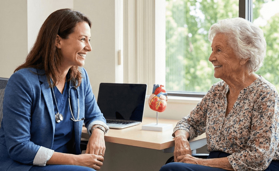 A clinician talking with a patient while Skriber captures the visit