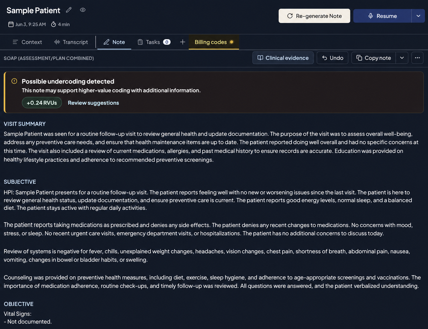 Skriber note workspace showing a sanitized coding review suggestion